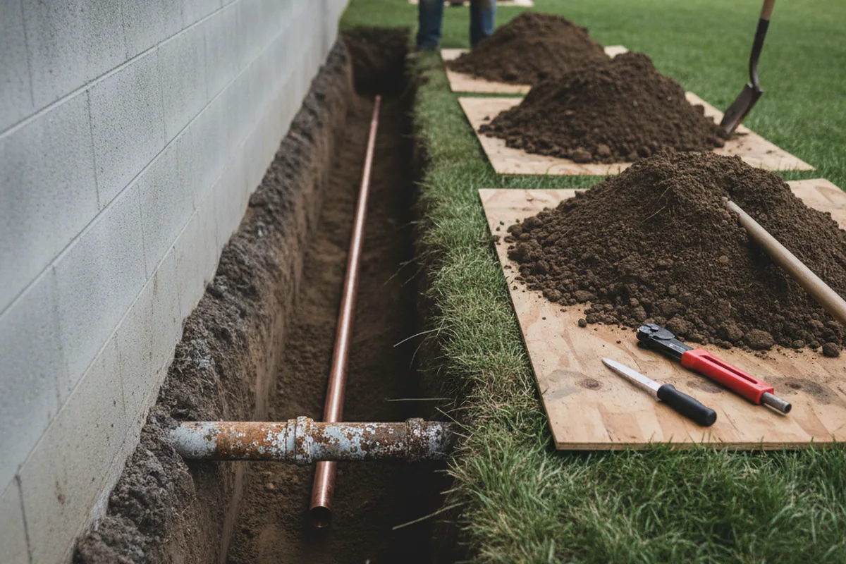 Excavated water line trench during Sewer Line Repair in St Columbans